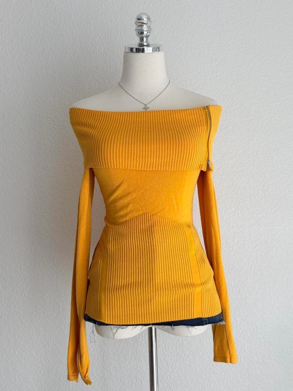 Arden B Off-the-Shoulder Ribbed Sweater in Mustard